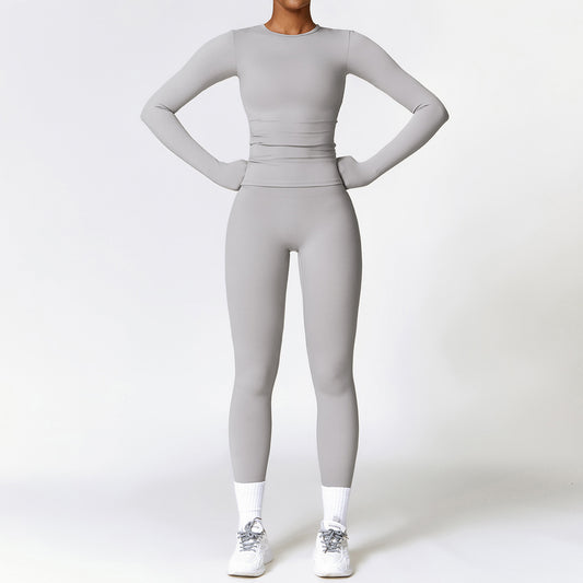 Conjunto de yoga cepillado de manga larga y leggings de talle alto