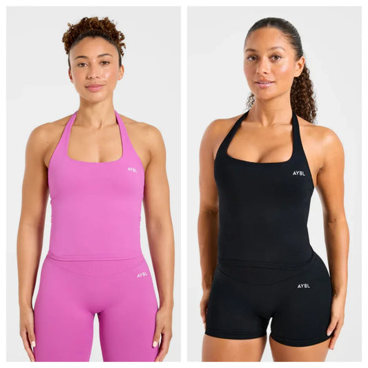 Top halter y shorts de talle alto para yoga y fitness